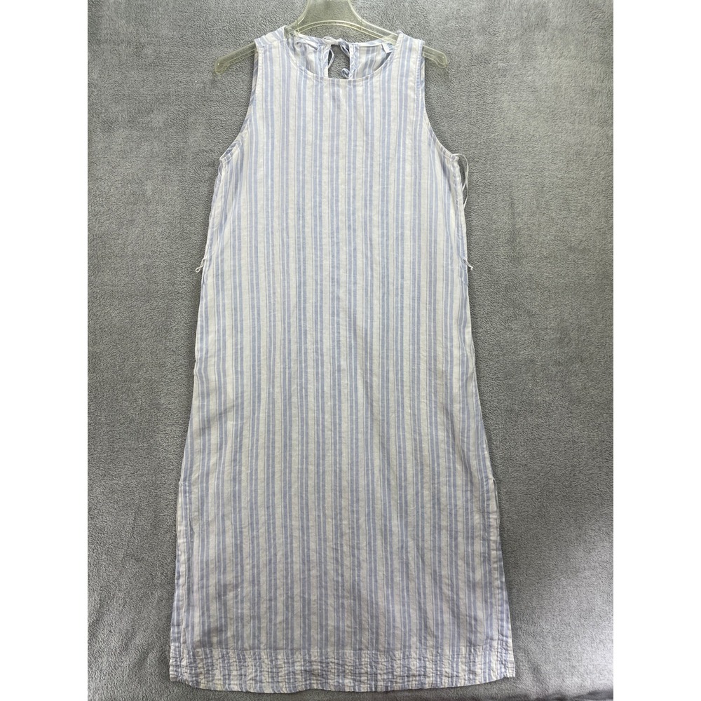 Sigrid Olsen Dress Women Large Blue Striped Linen Sleeveless Midi Shift Slits
